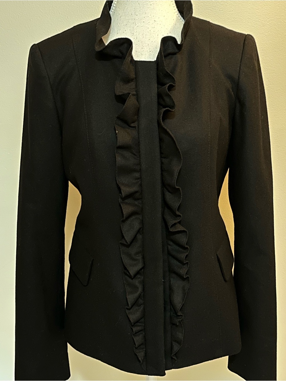 Wool Black Ruffle-Front Blazer Jacket - Picture 6 of 10